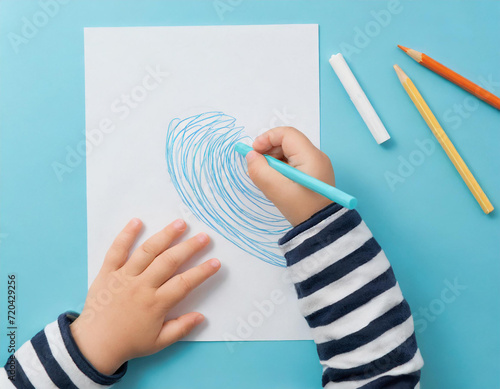 Baby boy hand holding marker and drawing first scratches lines on white paper. Blue table background. Pastel color. Closeup. Toddler development. Learning painting. Point of view shot. Top down view