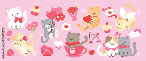 Cute cats in valentine day lovely pet vector. Collection of cats with little heart, flower, balloon. Adorable animal characters for clipart, decoration, prints, cover, greeting card, sticker, banner.