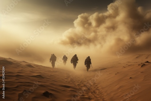 Silhouette of a group of tourists walking in the desert, Special military soldiers walking in a smoky desert, AI Generated