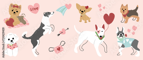 Cute dogs in valentine day lovely pet vector. Collection of dogs with little heart, balloon, arrow. Adorable animal characters for clipart, decoration, prints, cover, greeting card, sticker, banner.