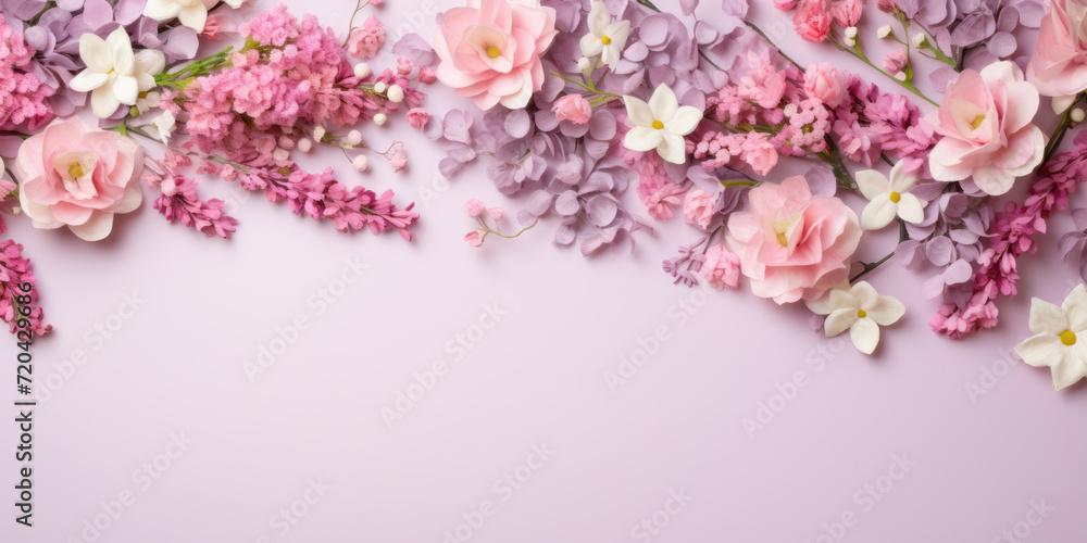 Romantic flower arrangement against a pastel pink background. Banner template with flowers on the edges on pink background. Copy space. Top view.
