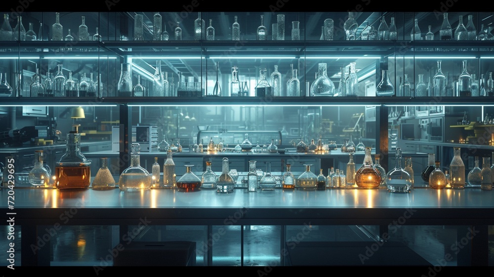 Pristine laboratory bench adorned with gleaming glassware.