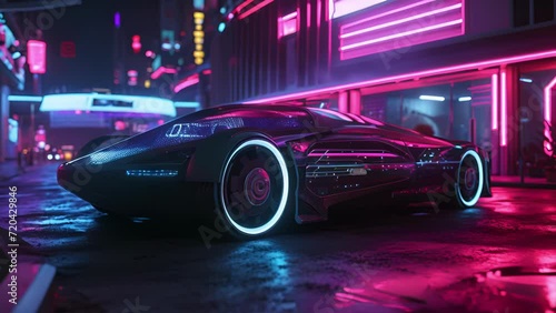 A futuristic selfdriving car with interactive neon lights creating a futuristic and immersive experience as it cruises through the city at night. photo