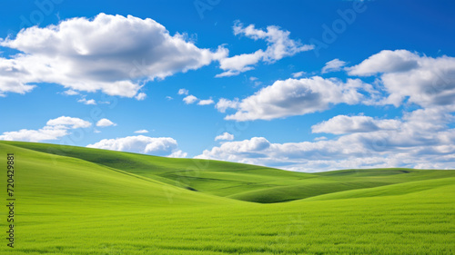 Green hills with blue sky. Idyllic nature scene of rolling green hills. © ekim