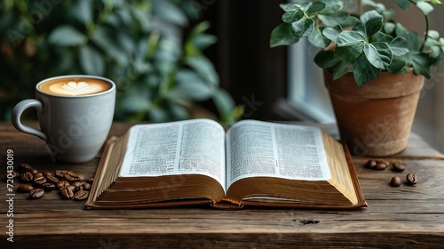 An open Bible book with coffee cup. AI generate illustration