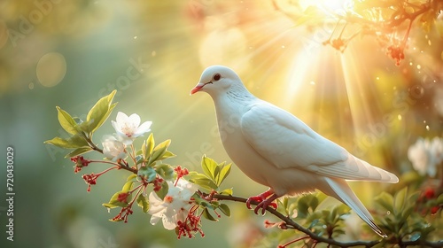 White dove on leaves and light shining. AI generate illustration