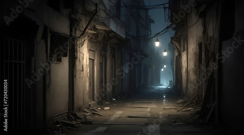 Abandoned street in the old town at night.