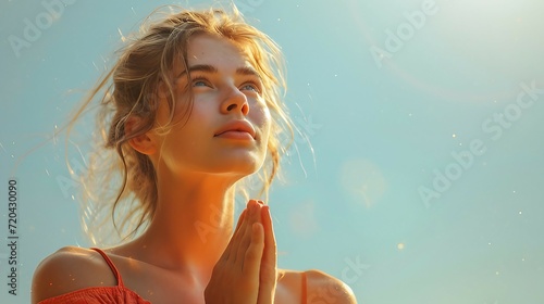 A woman keeps hands in pray on light background. AI generate illustration © PandaStockArt