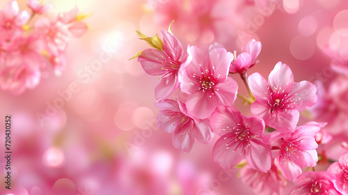 wallpaper of Bloom pink cherry blossoms branch, spring banner with empty copy space