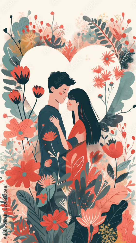 Couple in Heartful Embrace Amidst Flowers Flat Design Illustration Vertical
