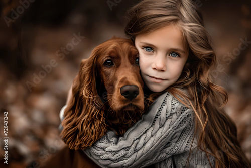 A young girl finds solace and joy as she tenderly cuddles with her Irish Setter dog, creating a beautiful companionship and an unbreakable bond of affection and love
