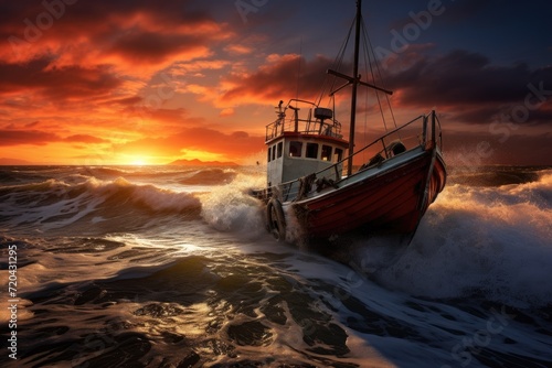 Fishing boat in the sea at sunset, 3d render, Sunset shot of a small fishing boat in rough tide, AI Generated