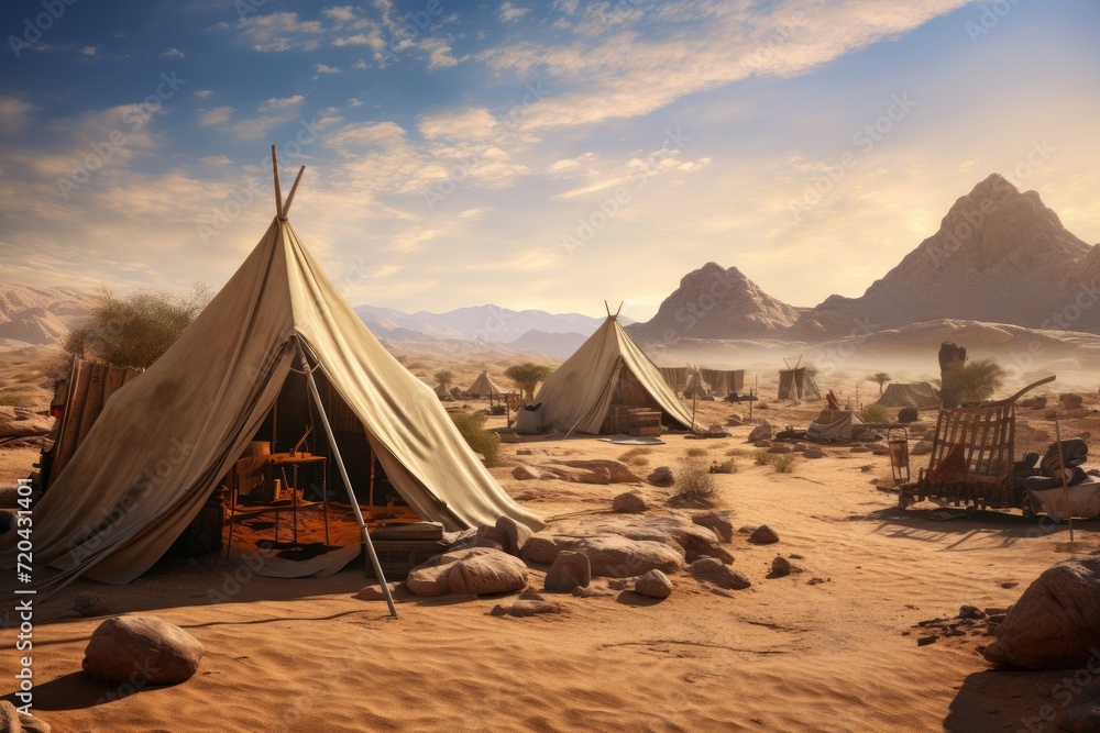 A collection of tents standing alone amidst a vast and barren desert landscape, Tent encampment in a desert environment, AI Generated - obrazy, fototapety, plakaty 