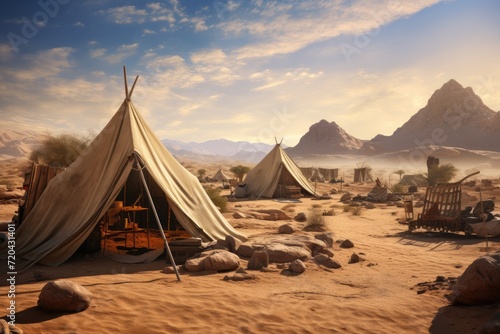 A collection of tents standing alone amidst a vast and barren desert landscape  Tent encampment in a desert environment  AI Generated