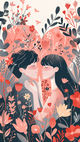 Couple in Heartful Embrace Amidst Flowers Flat Design Illustration Vertical 
