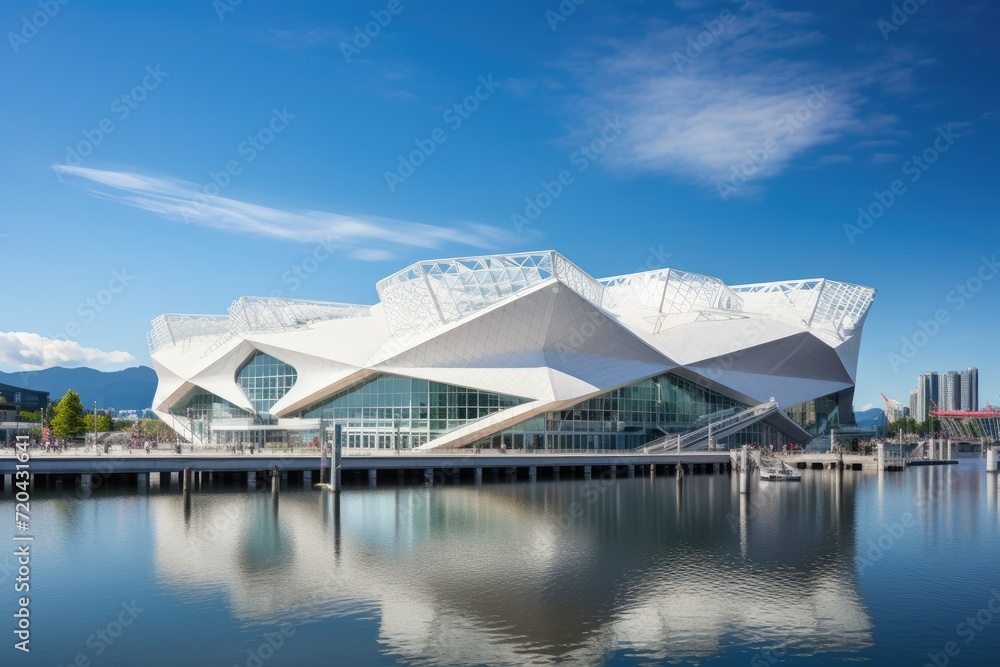 A large, pristine white building positioned next to the calm and peaceful waters, The new and modern Vancouver Convention Center in Coal Harbour, Vancouver, AI Generated