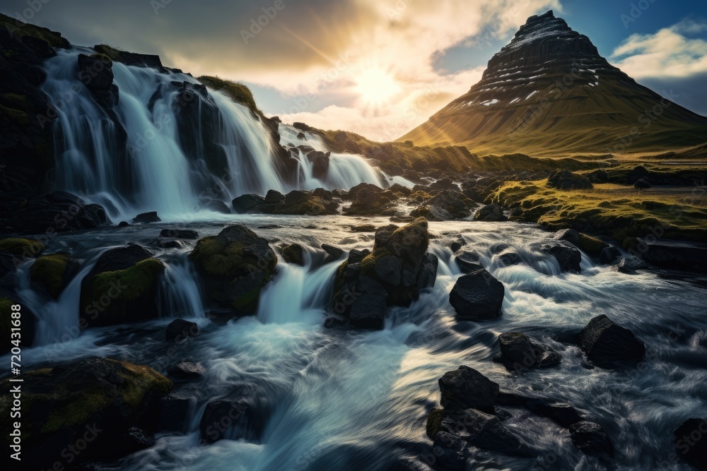 Majestic Waterfall Cascading Down a Towering Mountain, The perfect view of the famous powerful Gljufrabui cascade in sunlight, A dramatic and gorgeous scene, A unique place on earth, AI Generated