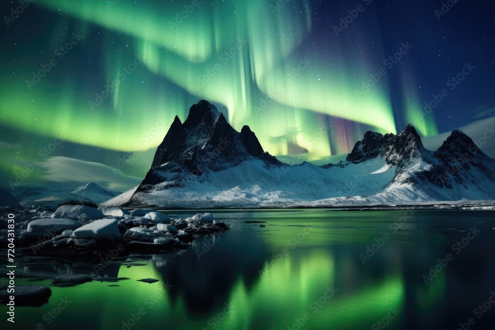 A stunning display of a green and purple aurora borealis dancing gracefully over a breathtaking mountain range, The tallest mountain in the world at night with the northern lights, AI Generated