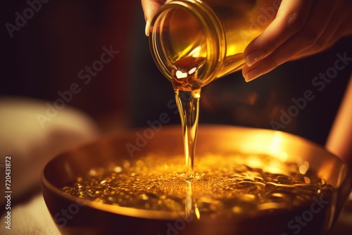 A person pours oil into a bowl, demonstrating the process of cooking or seasoning food, Therapist pouring massage oil at the spa close-up, AI Generated