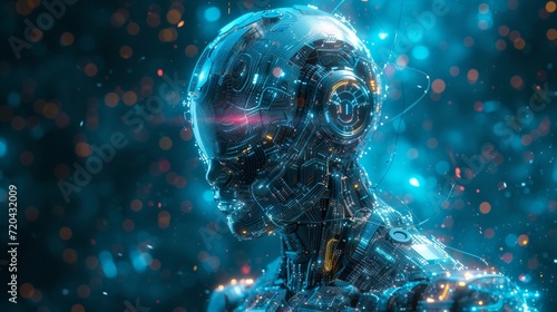 Illustration of an artificial intelligence human robot body with a technological feel background, generative AI, background image