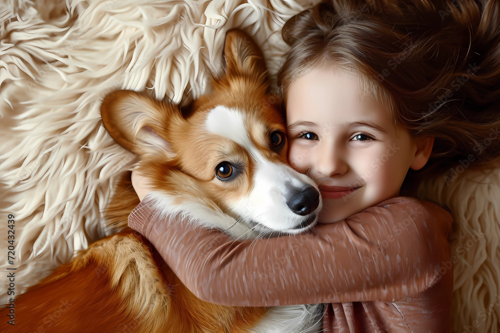 A young girl envelops herself in a tender embrace with her loyal Pembroke Welsh Corgi dog, embodying a profound bond of companionship and love, genuine connection and unwavering affection
A young girl envelops herself in a tender embrace with her loyal Pembroke Welsh Corgi dog, embodying a profound bond of companionship and love, genuine connection and unwavering affection
