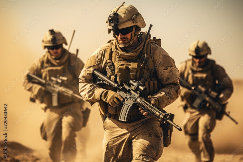 A group of soldiers on a military mission walk across a vast desert landscape, United States Marine Corps Special forces soldiers in action during a desert mission, AI Generated A group of soldiers on a military mission walk across a vast desert landscape, United States Marine Corps Special forces soldiers in action during a desert mission, AI Generated