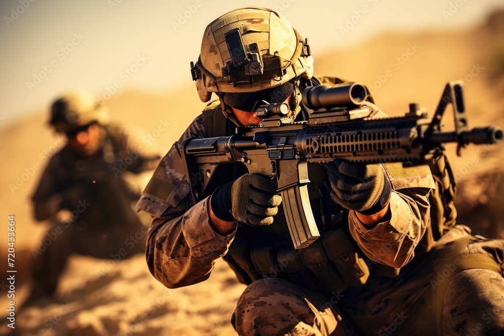 A soldier stands confidently with a gun in his hand, prepared for combat, United States Marine Corps Special forces soldiers in action during a desert mission, AI Generated A soldier stands confidently with a gun in his hand, prepared for combat, United States Marine Corps Special forces soldiers in action during a desert mission, AI Generated