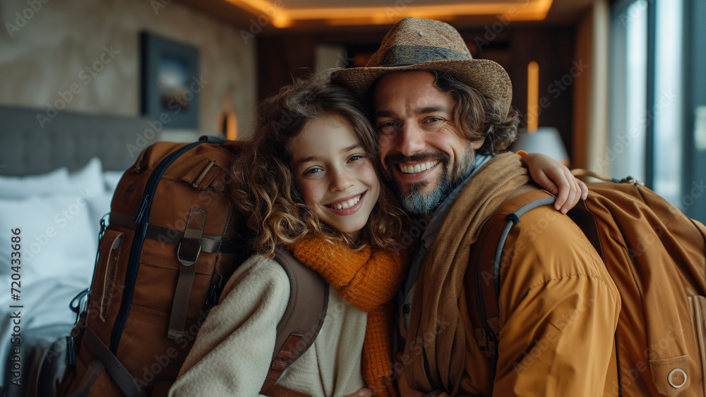 Father and daughter happy and smiling with backpacks in hotel room ready for adventure trip. Family travel concept