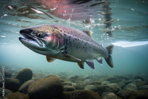 A captivating close-up photograph capturing a magnificent large fish gracefully swimming in the crystal-clear water, Underwater shot of a salmon searching for food, AI Generated