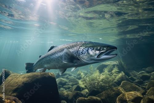 A large fish elegantly swims through the pristine and transparent aquamarine water, Underwater shot of a salmon searching for food, AI Generated