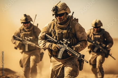 A group of soldiers on a military mission walk across a vast desert landscape  United States Marine Corps Special forces soldiers in action during a desert mission  AI Generated