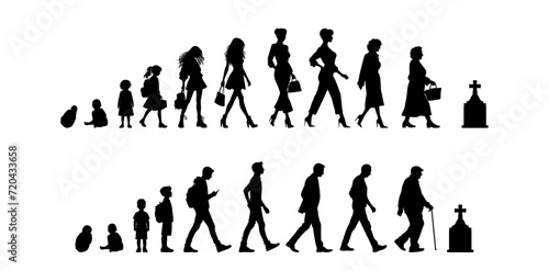 Vector illustration. Silhouette of growing up man from baby to old age. Many people of different ages in a row.	