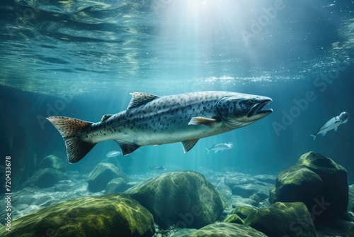 A captivating photo capturing the graceful movement of a sizable fish as it glides through the water, Underwater shot of a salmon searching for food, AI Generated © Ifti Digital