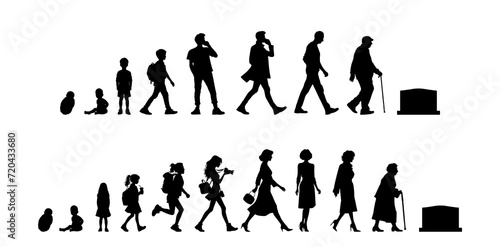 Vector illustration. Silhouette of growing up man from baby to old age. Many people of different ages in a row.	
