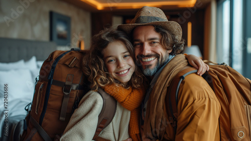 Father and daughter happy and smiling with backpacks in hotel room ready for adventure trip. Family travel concept photo