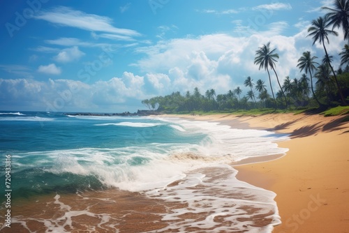 Image of a picturesque sandy beach with gentle waves coming in and lapping at the shore, Untouched tropical beach in Sri Lanka, AI Generated