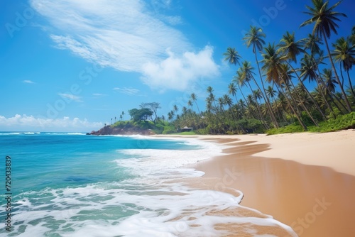 A stunning sandy beach with tall palm trees and crystal clear blue water, creating a picturesque tropical paradise, Untouched tropical beach in Sri Lanka, AI Generated