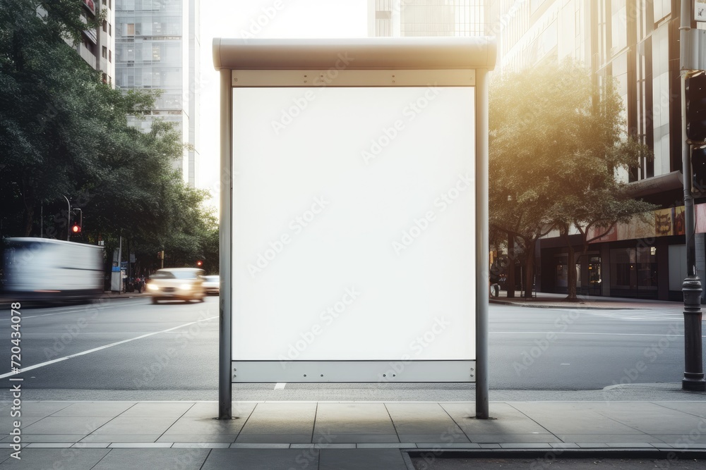 An empty bus stop with a bench and a shelter on a city street, waiting for commuters, Vertical blank white billboard at a bus stop on a city street, AI Generated An empty bus stop with a bench and a shelter on a city street, waiting for commuters, Vertical blank white billboard at a bus stop on a city street, AI Generated