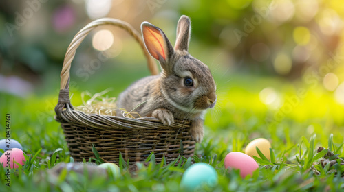 Easter Bunny inside a bin. The fluffy baby rabbit holds pastel-colored Easter eggs on the green lawn. Concept for Easter card or wallpaper. Space for text.