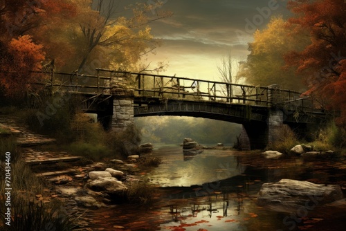 Capture the tranquility of a scenic river with this mesmerizing painting depicting a bridge amidst a serene natural setting, Vintage bridge, AI Generated