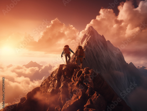 two people are climbing a mountain, in the style of photo-realistic landscapes, light orange and light maroon