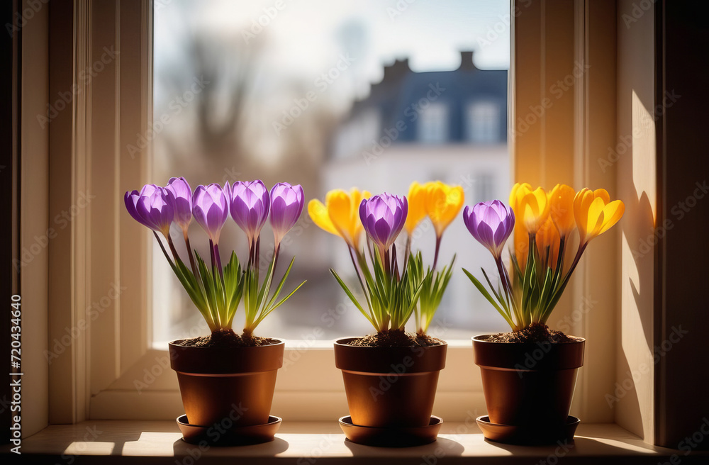 Beautiful spring flowers in pots on window sill.