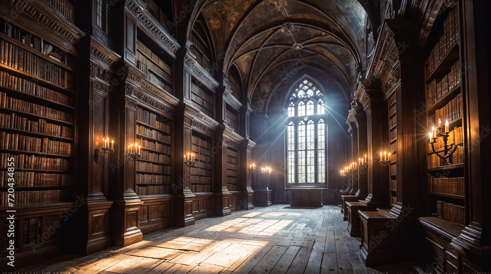 an old, wooden library with bookshelves on either side and a window at the end. The room has a cathedral-like ceiling and is filled with sunlight. There are several flickering candles providing additi - obrazy, fototapety, plakaty 