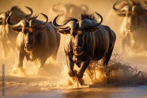 A group of untamed animals dashing through a waterway, Wildebeests crossing Mara River, Great Migration, Kenya, Tanzania, Maasai Mara National Park, AI Generated