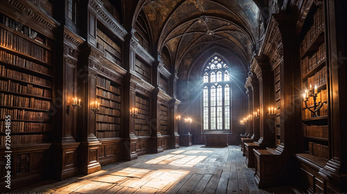 an old, wooden library with bookshelves on either side and a window at the end. The room has a cathedral-like ceiling and is filled with sunlight. There are several flickering candles providing additi