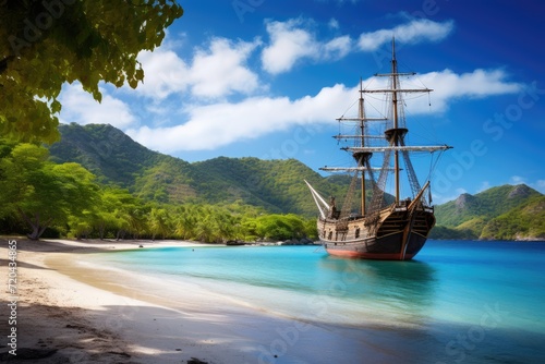 A majestic pirate ship floats atop the shimmering blue waters, evoking images of daring voyages and hidden treasures, Wooden tall ship sailing in a Caribbean island bay, AI Generated