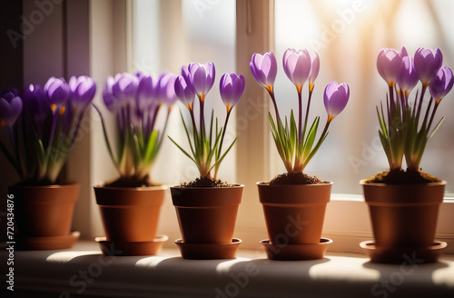 Beautiful spring flowers in pots on window sill. photo