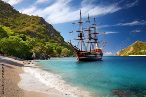 A massive ship gently floats on the surface of a calm body of water, Wooden tall ship sailing in a Caribbean island bay, AI Generated