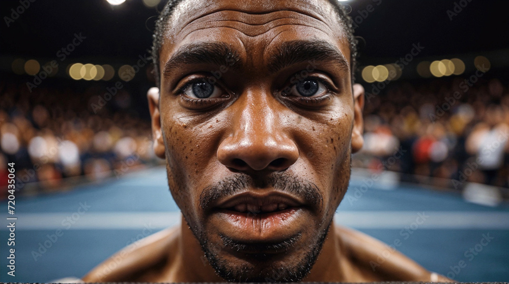 A male boxer with a fierce expression and sweat on his face. He has a cut above his left eye and is wearing red boxing gloves. A male boxer with a fierce expression and sweat on his face. He has a cut above his left eye and is wearing red boxing gloves.