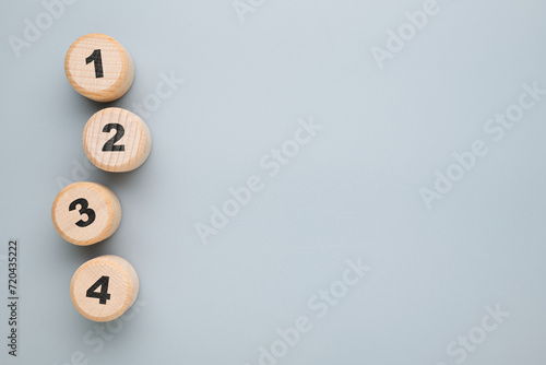 1, 2, 3, and 4 arranged by round wood blocks with empty space, procedure, method, step by step list